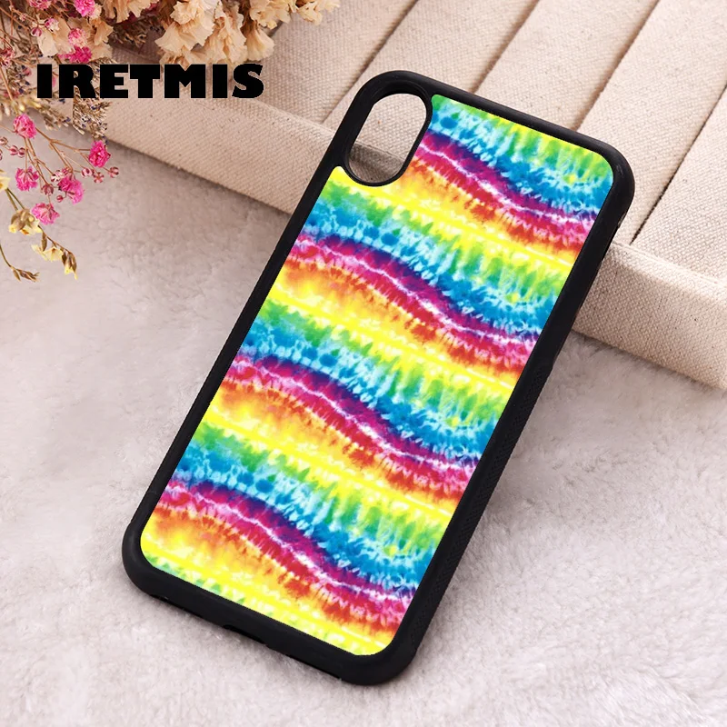 Iretmis Phone Cover Case For iPhone X XS Max XR 11 12 13 PRO MINI 14 15 16 Plus Rubber Silicone Tie Dye Rainbow Stripes