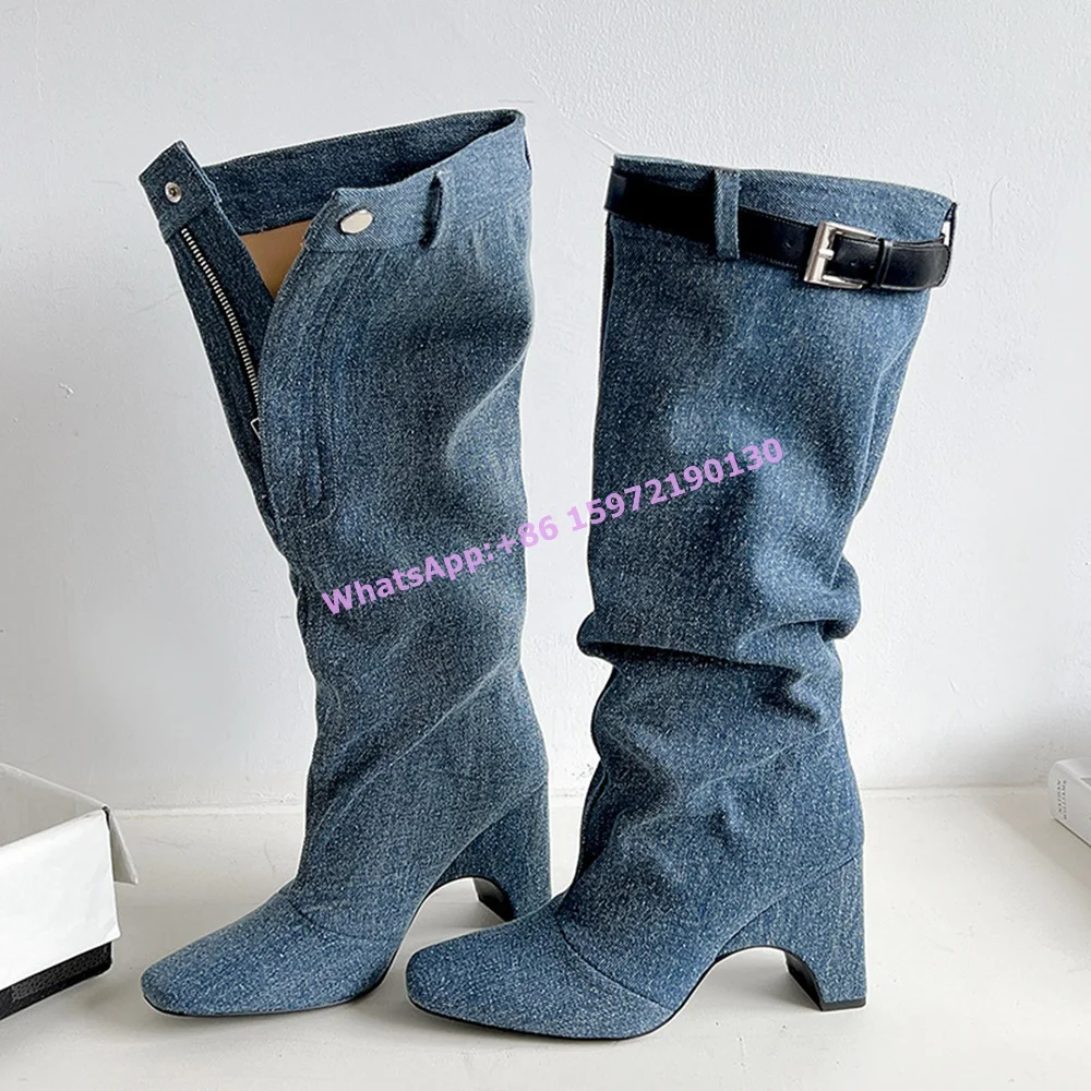 

Denim Blue Belt Boots Strange Style Heels Square Toe Zip Button Knee High Knight Boots Hotties Street Style Sexy Shoes 2025 New