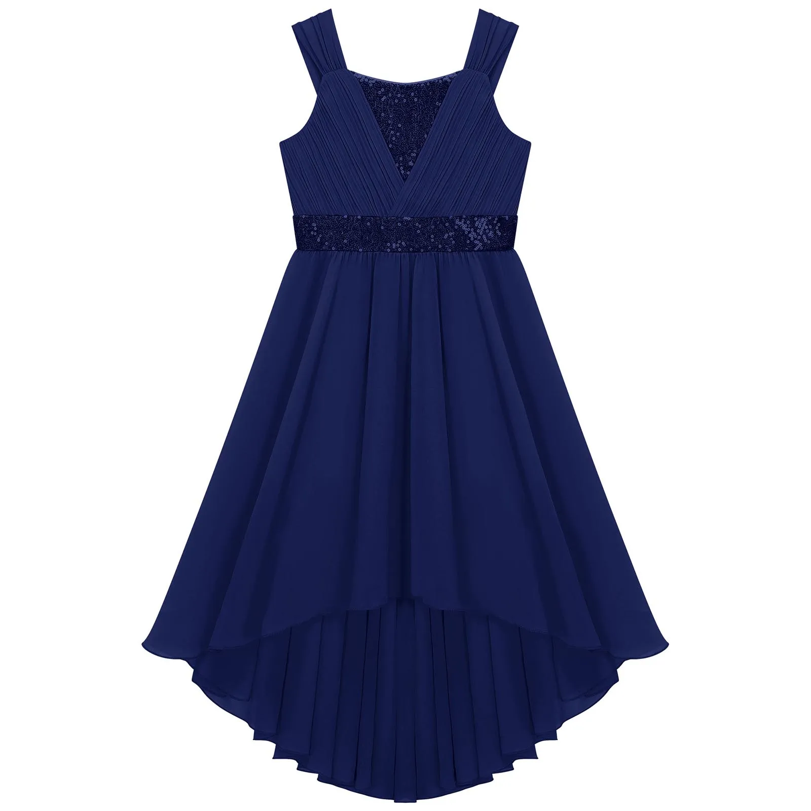 Sukienka dla Druhny Elegancka Szyfonowa Sukienka Księżniczki Bez Rękawów Z Cekinami Marszczona Asymetryczna Suknia Koktajlowa Ślubna Urodzinowa