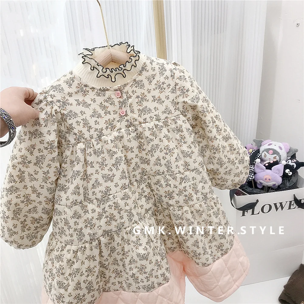 Girls Casual Dresses Korean Childrens Clothing 2024Cotton Dress Autumn Winter Sweet Fragmented Flowers Thickening Baby Princess