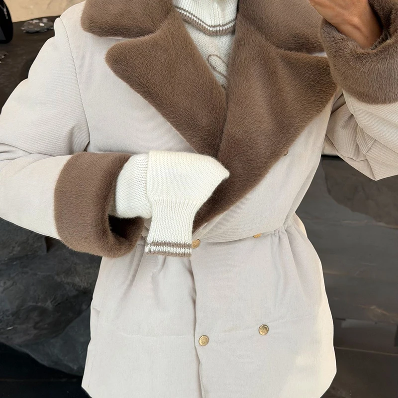 Casual Thicken Fur Patchwork Coats Women Full Sleeve Lapel Double Breasted Closed Waist Jackets Female 2026 Winter Lady Outwears
