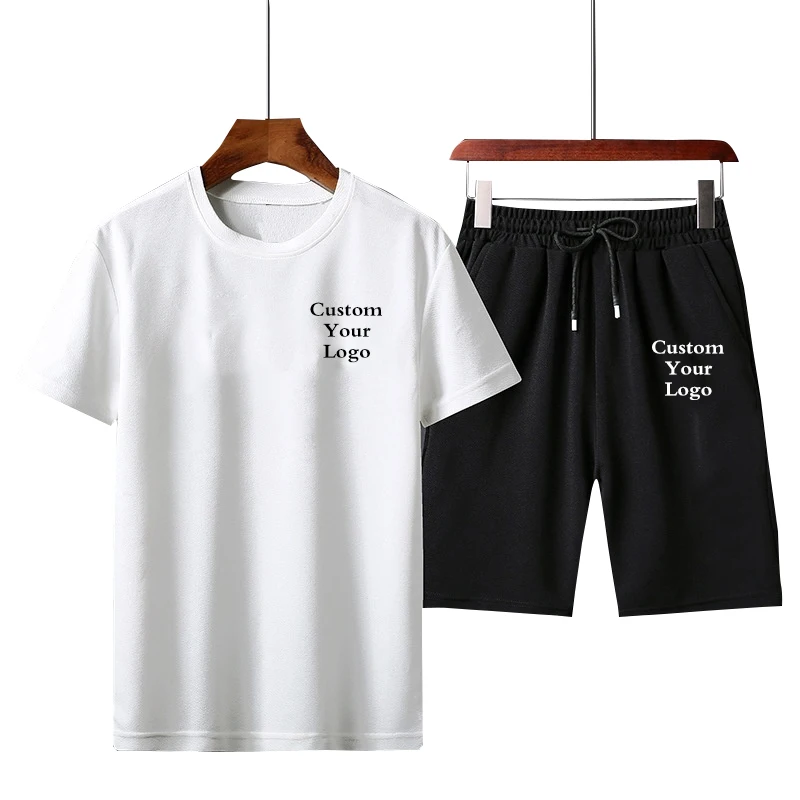 

Men's Custom Logo Casual T-Shirt Tops +Shorts Sets with Short Sleeve Harajuku Male New Fashion Solid Fitness Sports Tees