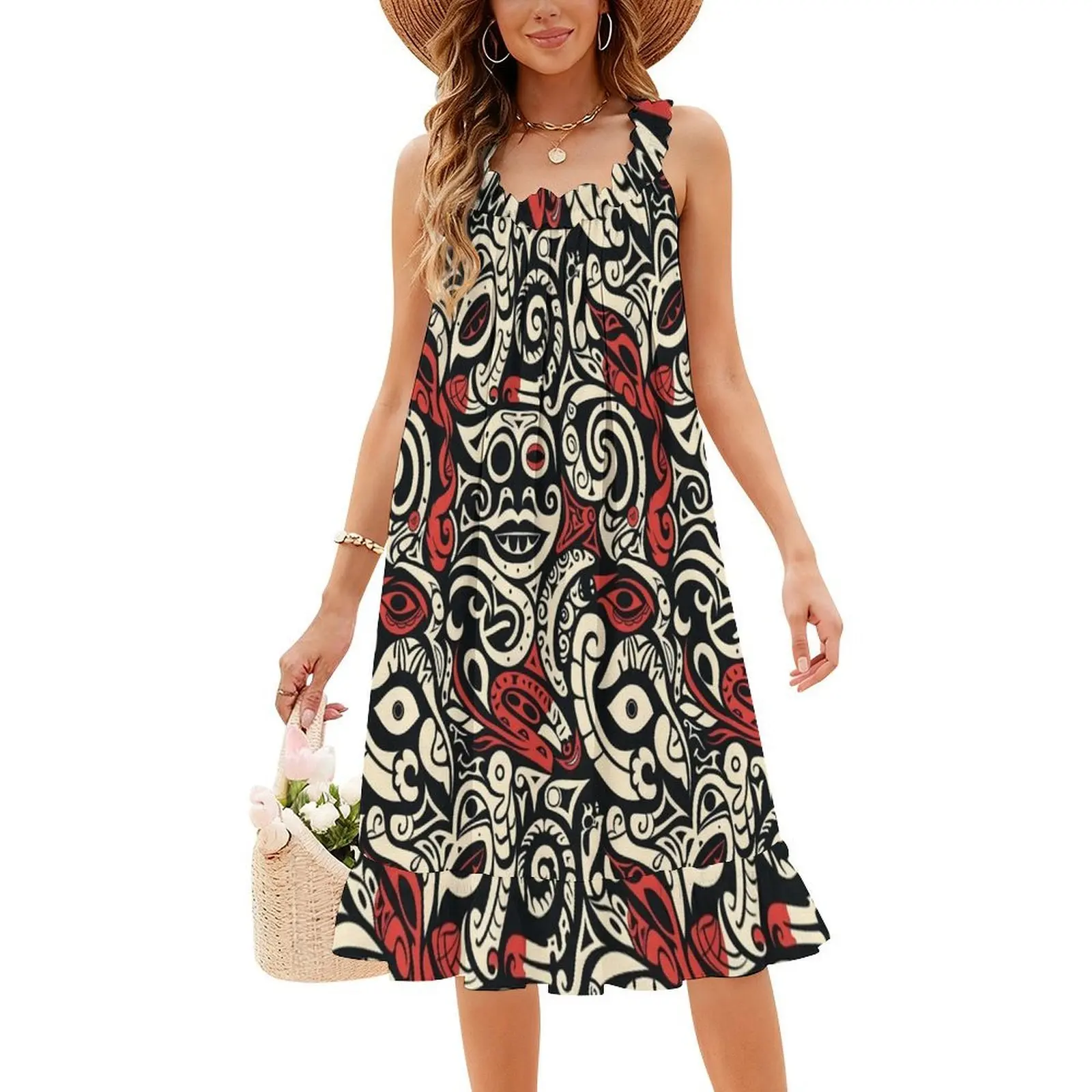 الملونة الكرتون نمط الماوري الوشم الكورية نمط فستان كاجوال للنساء بسيط اليومية مكتب سيدة فساتين القبلية الوشم #4