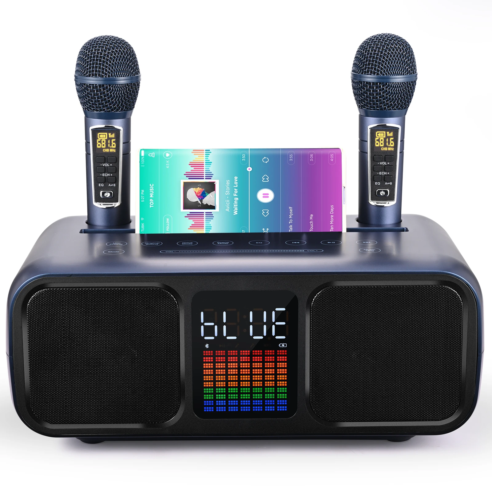 Bluetooth Karaoke Machine with 2 Wireless Microphones LED Light, Phone Holder, Professional PA Karaoke with/USB/TF/AU