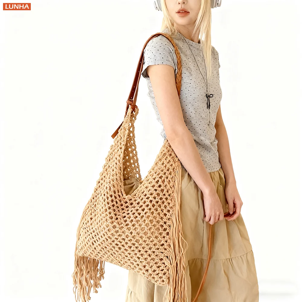 

Women Boho Style Handmade Crochet Tote Bag Large Capacity Mesh Woven Fringe Shoulder Bags for Summer Beach Casual Daily Chic