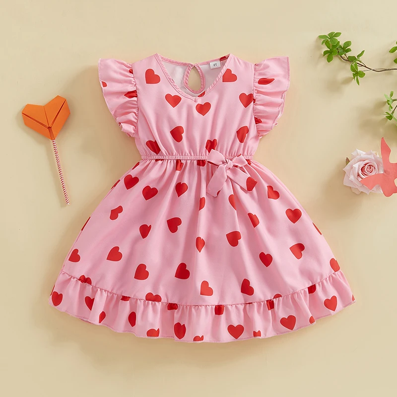 FOCUSNORM 4-6Y Lovely Kids Girls Valentin Dress Heart Print Flutter Sleeve V-Neck A-Line Dress for Summer