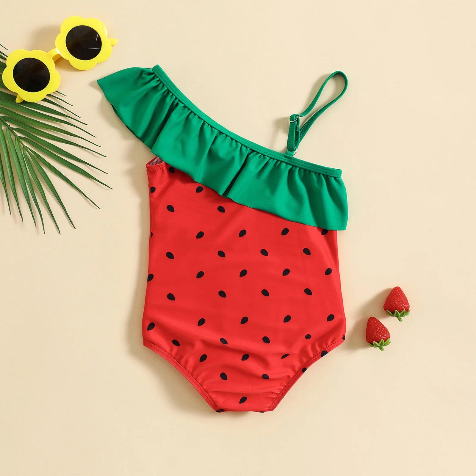 Watermelon One Piece Swimwear Swimsuit for Girls 1-7Y Beach Bathing Suit One Shoulder Ruffles Thin Straps Quick Dry