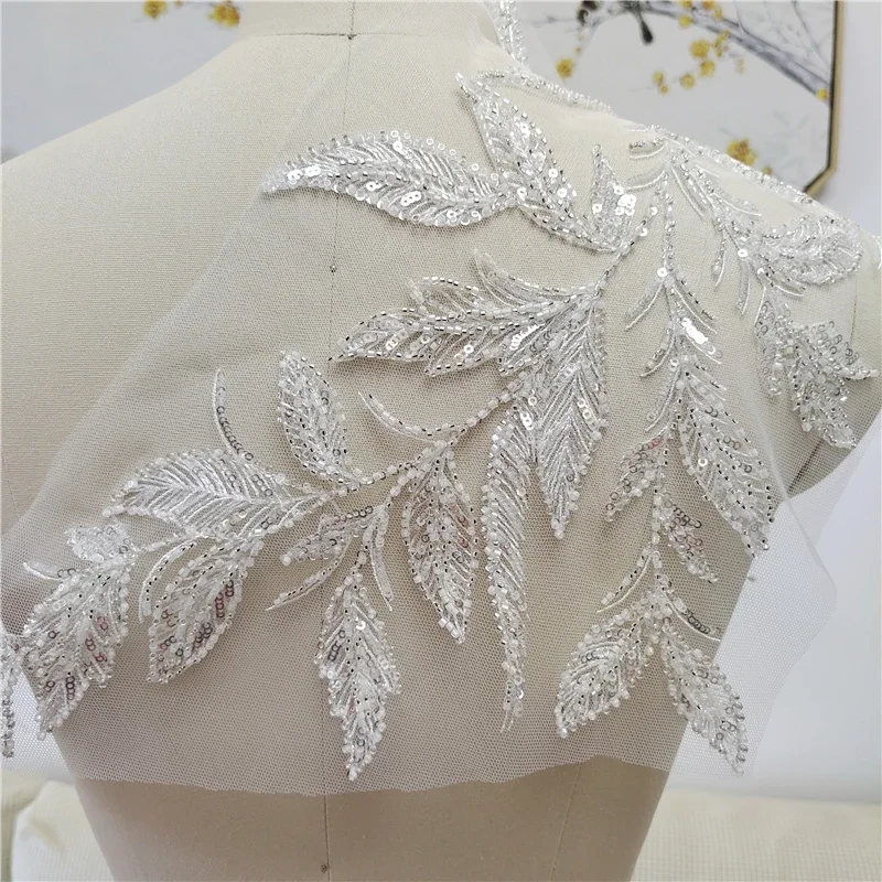 Luxury beaded sequin embroidery lace appliques for wedding dresses Rhinestone lace applique patches Embroidery lace parches ropa