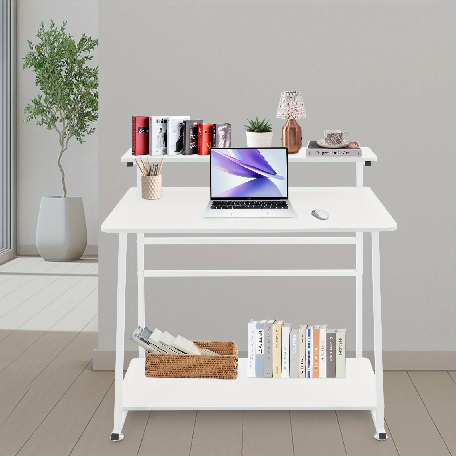 مكتب مكتب منزلي دوار من 3 طبقات - عجلات مكتب كمبيوتر مدمجة للمساحات الصغيرة، طاولة دراسة للطلاب لغرفة النوم، لون أبيض #2