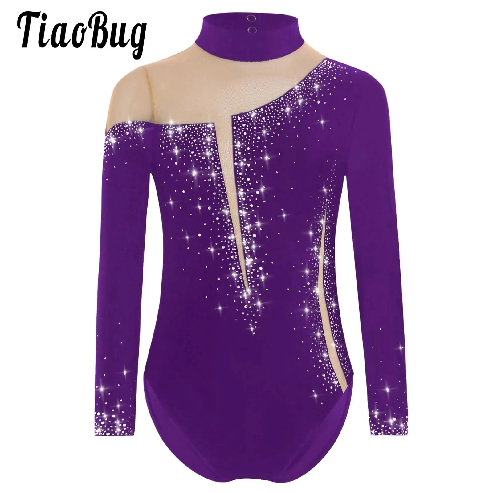 

Girls Shiny Rhinestones Figure Skating Leotards Gymnastics Long Sleeve Mesh Patchwork Bodysuit Dance Competition Performance