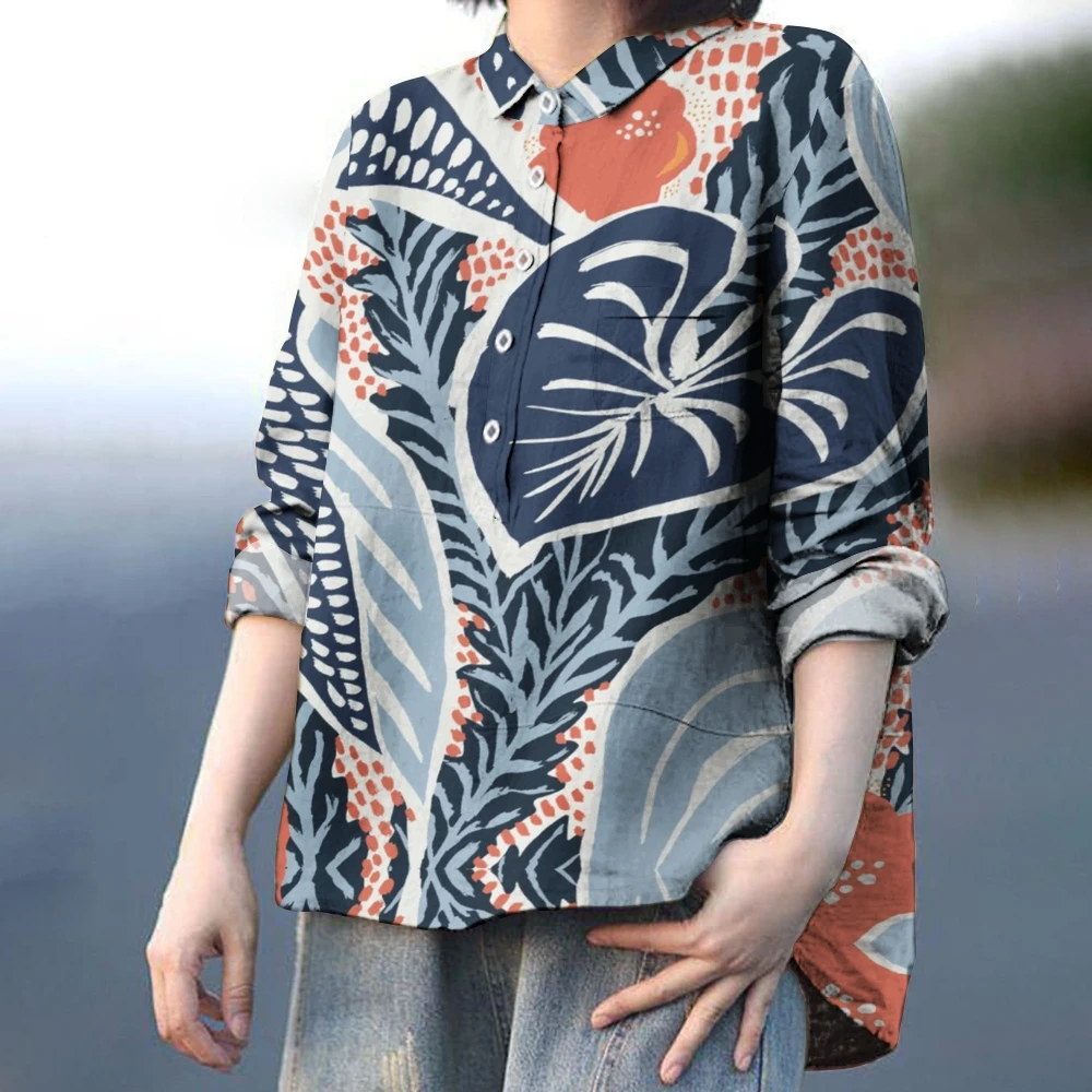 

Women's Casual Lapel Shirt, Contrasting Colors, Flower Leaves, Graphic Printing, Long Sleeves, Loose, High Quality, Nice Clothes