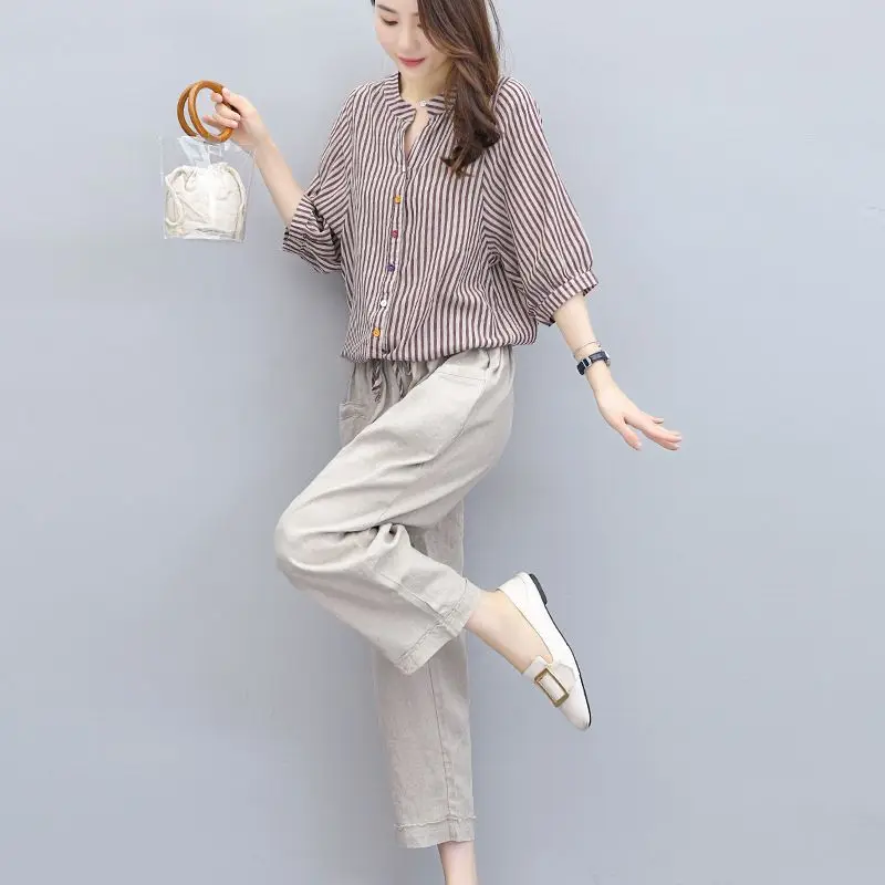 Elegant Fashion Harajuku Slim Fit Female Clothes Sets Loose Casual All Match Patchwork Button Tops Solid Trousers Two Piece Set