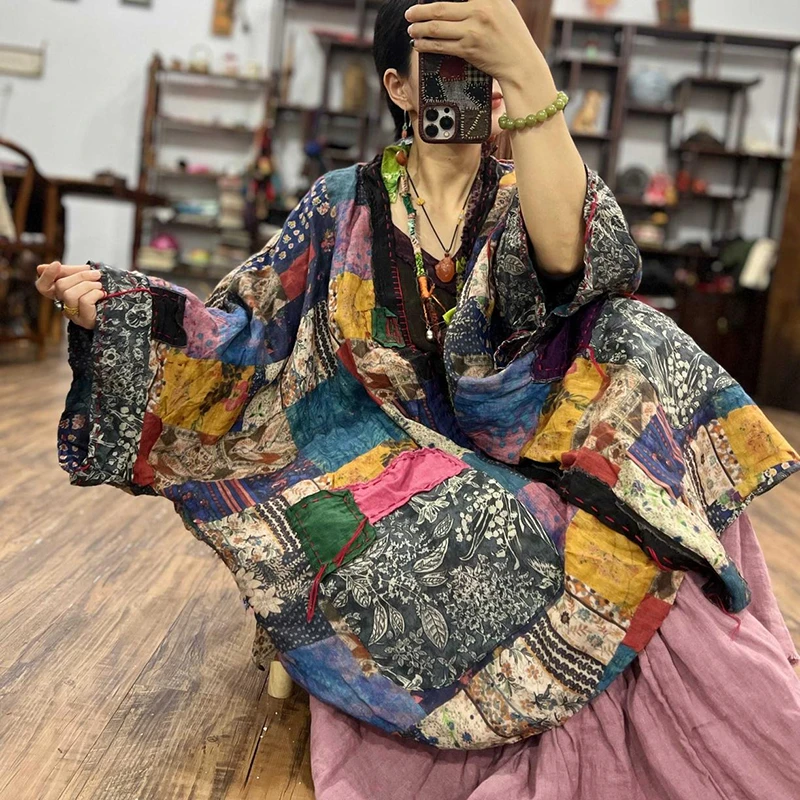 

Весенне-осенний художественный стиль, женские длинные пальто с рукавами «летучая мышь» и открытой строчкой, двусторонние хлопковые льняные куртки с ручной вышивкой, высокое качество