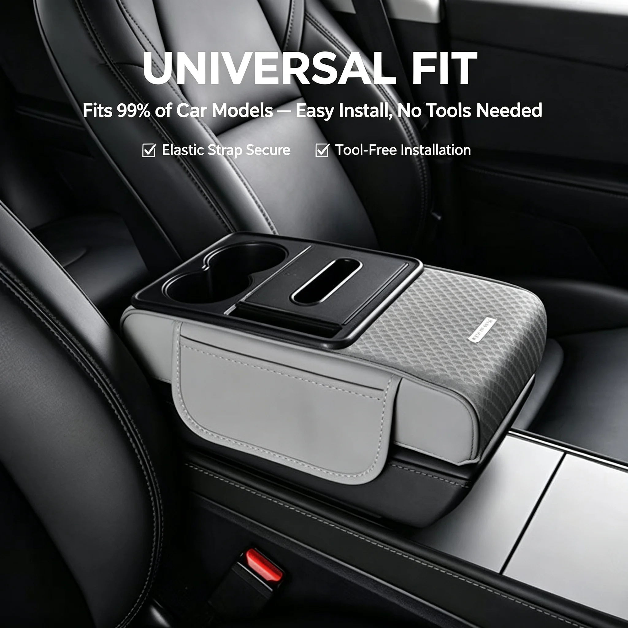 Car Armrest Cushion Universal 3-in-1 PU Leather Center Console Booster Pad Dual Cup Holder Tissue Box Storage Pocket Accessories