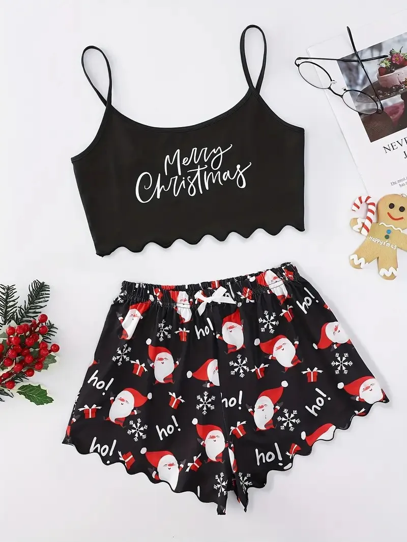 2025 Christmas Print Pajama Set Women Sleeveless Camisole & Shorts 2PC Home & Out