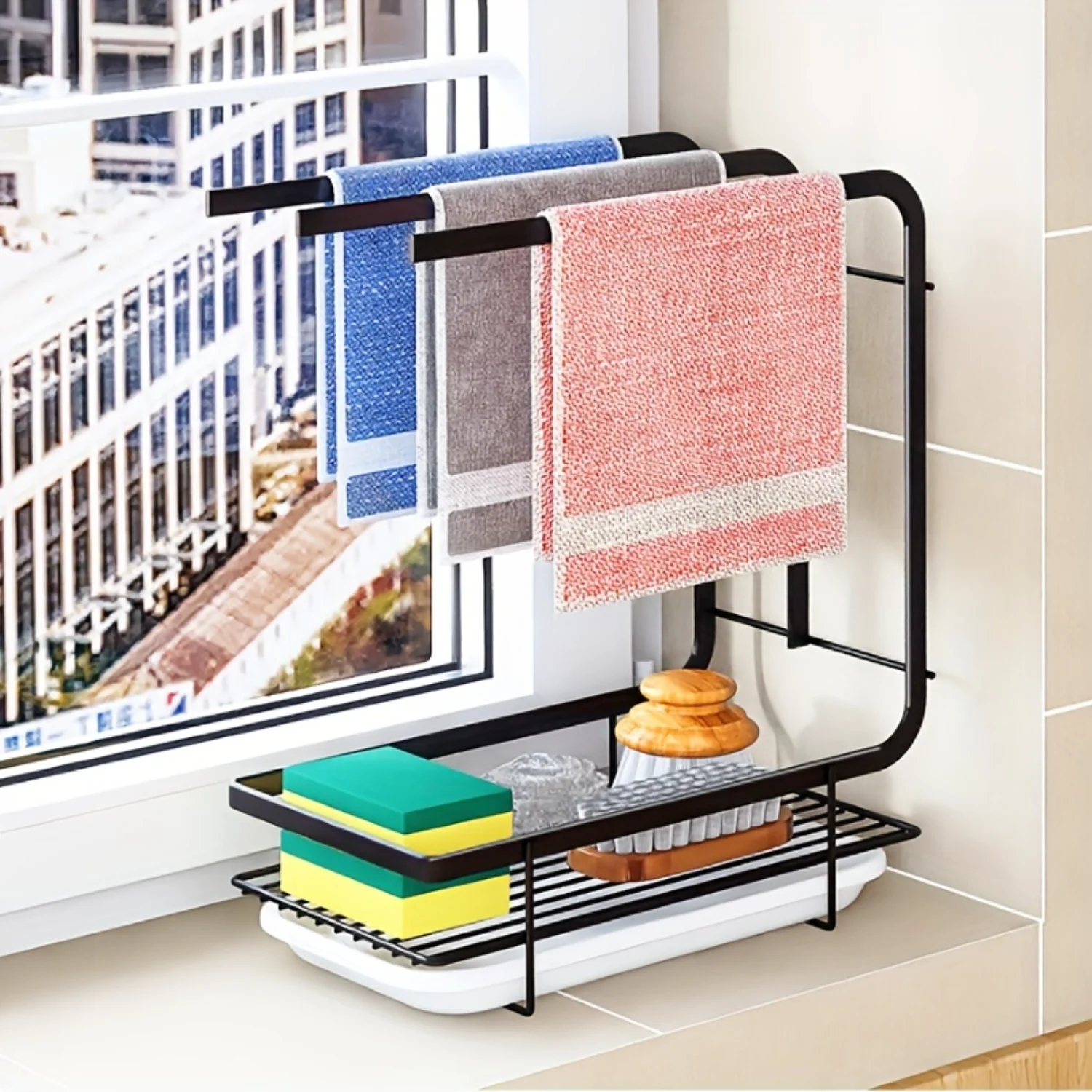 

1pc Wall-Mounted Kitchen Dishcloth and Sponge Holder with Drain Pan - Space-Saving Table Rack for Scouring Pads and Steel Wire