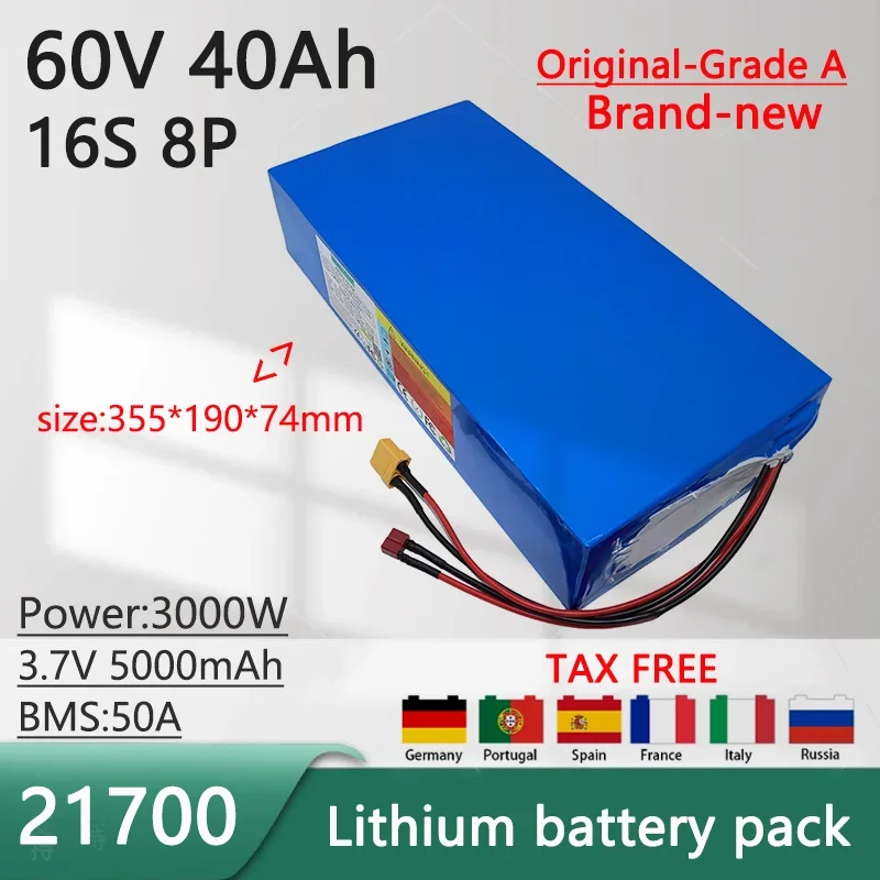 60V 40Ah 21700 16S8P Lithium Ion Battery Pack 3000W Power Tool Batteries Outdoor Backup Batteries With 50A BMS+67.2V 5A charger