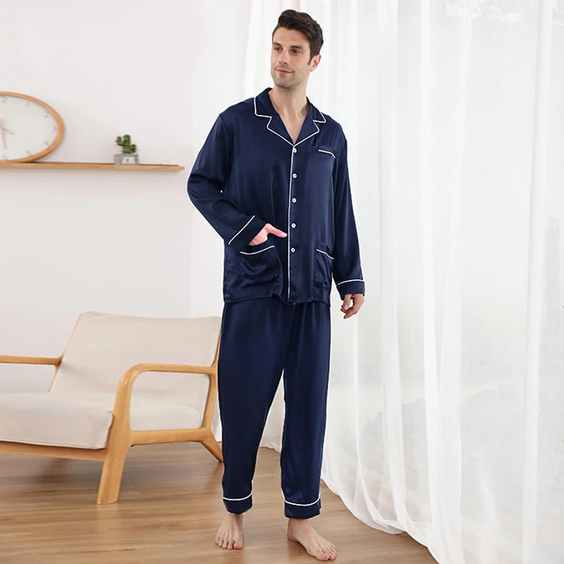 19 Momme Long Silk Pajamas Set With White Piping