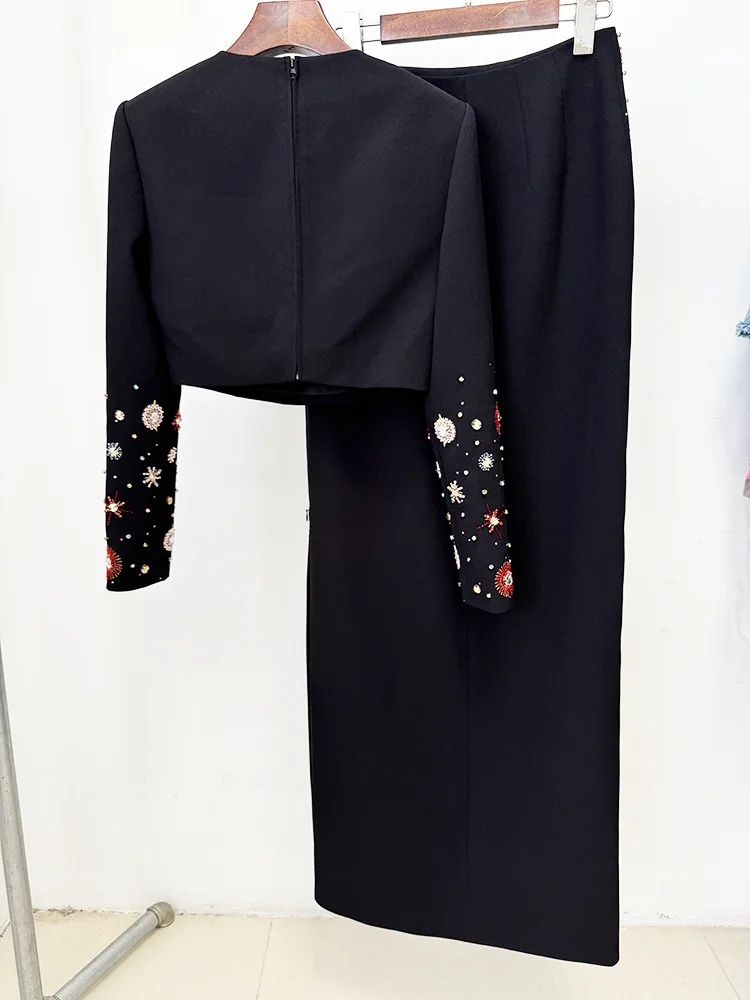 HIGH STREET Newest 2026 Designer Fashion Suit Set Women's  Diamonds Beaded Cropped Tops Long Skirt Set 2pcs