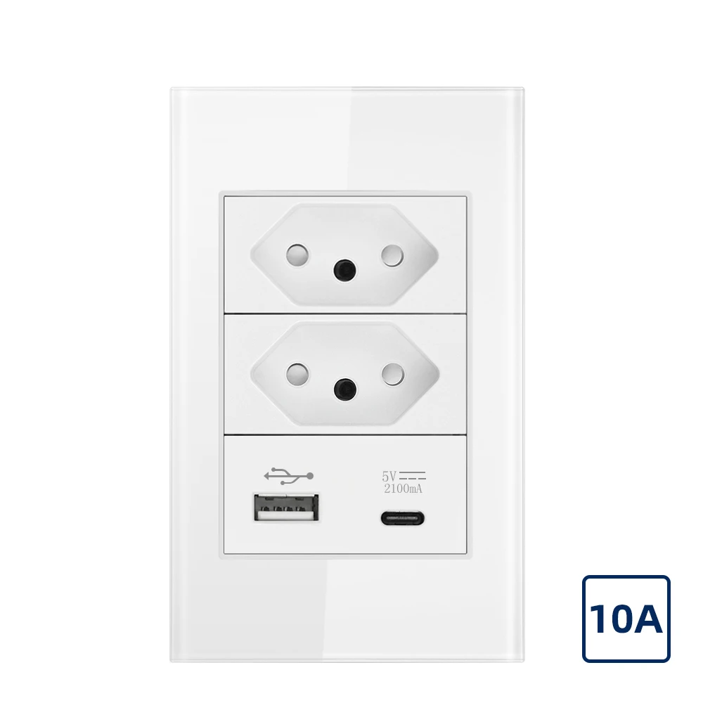 10A/20A Brazil Socket with USB Type-C 5V 2100mA, 118*72mm Tempered Glass Panel