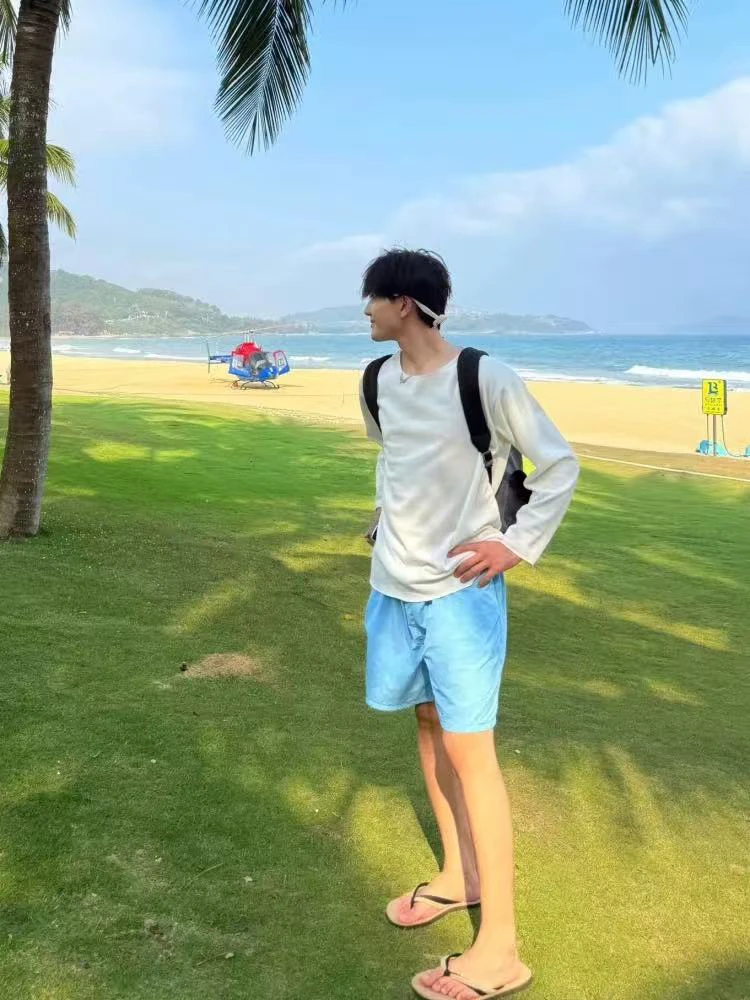 

Light Blue Nylon Qui Dry orts Men's Dopane Summer Beach Casual below Knee Five-Point Pants Loose Straight Leg Elastic ...