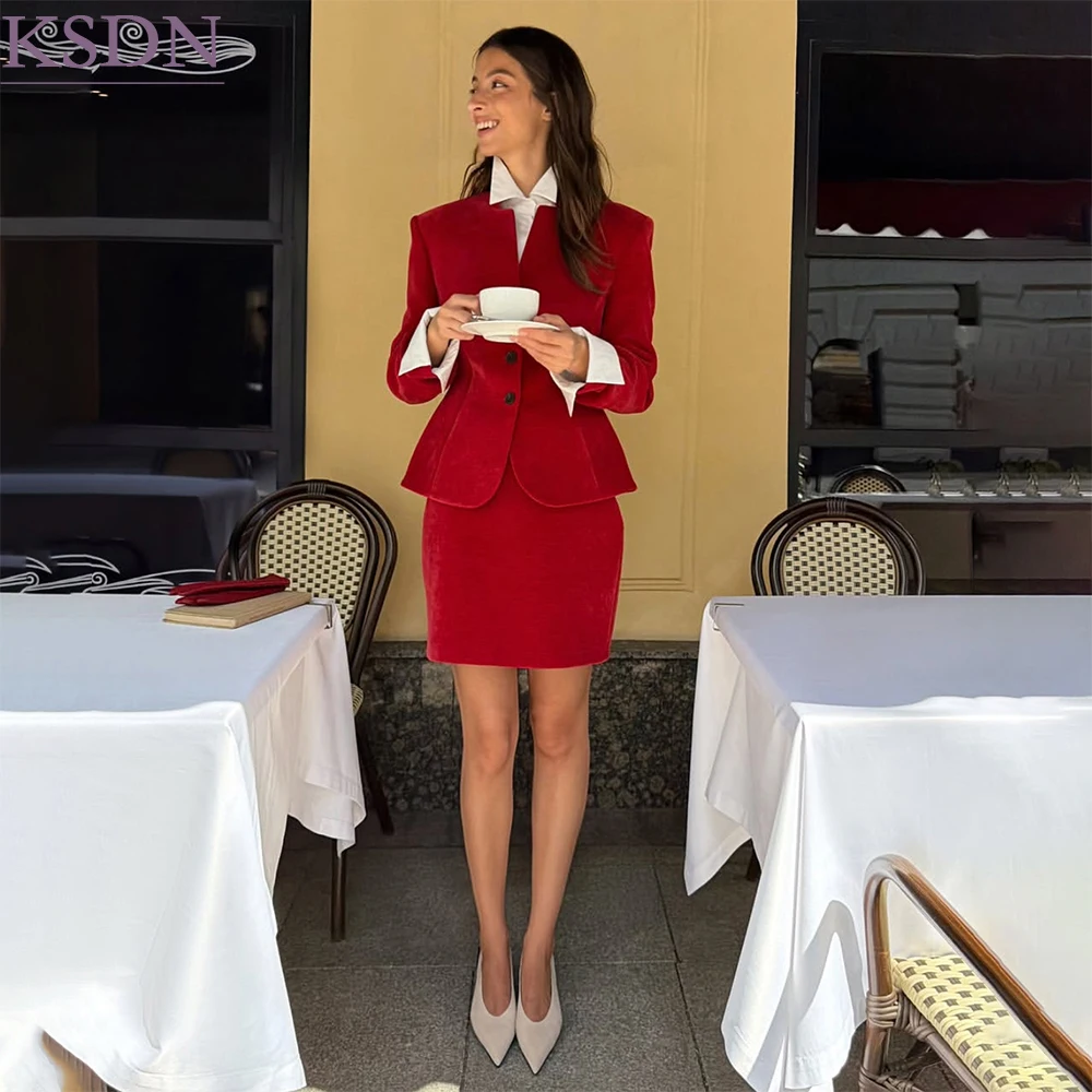 Red Velvet Women's Suits 2 Piece Jacket Skirts Sets Fashion Single Breasted Slim Fit Business Outfits Customzied Terno