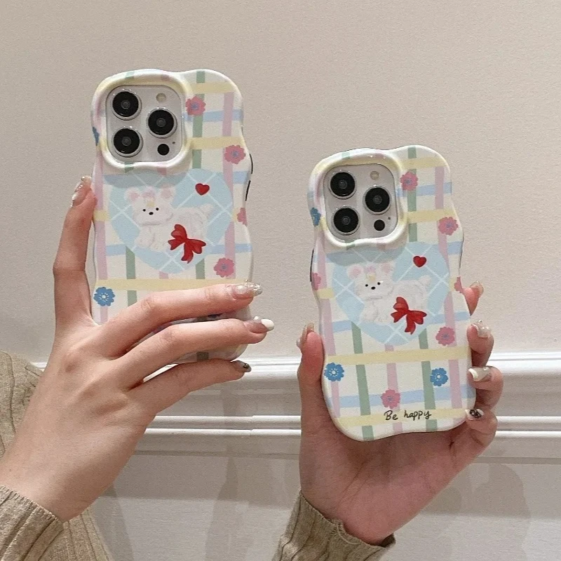 

Cute Color Plaid Flower Dog Pattern Phone Case For IPhone 17 16 15 14 13 12 Pro Max 2 IN 1 Wave Edge Fashion Shockproof Cover