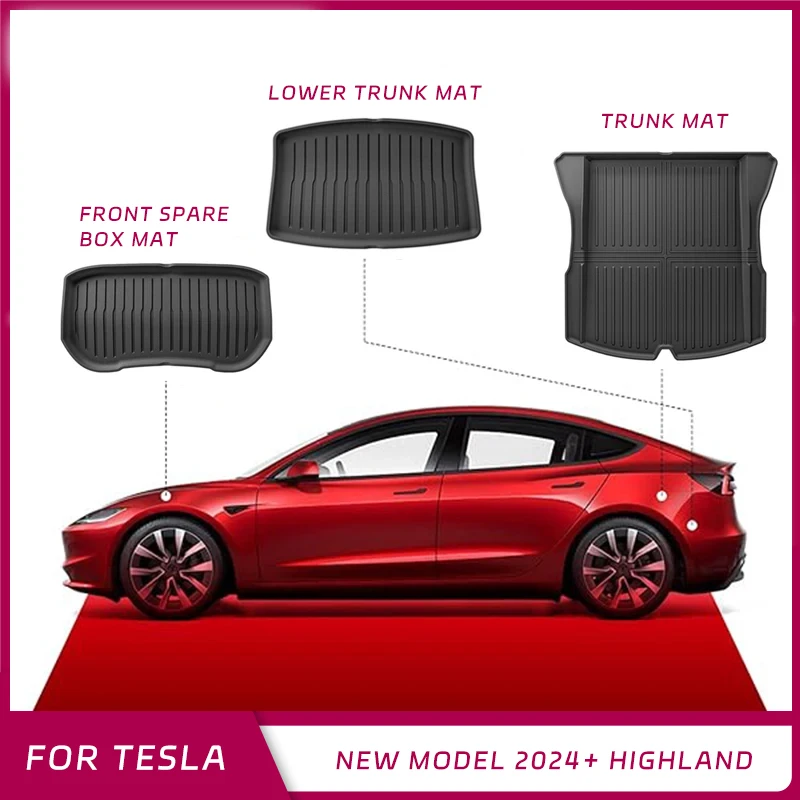 For Tesla New Model 3+ Highland Front Rear Trunk Mats TPE Lower Trunk Storage Protective All Coverage Cargo Liner Anti Dirty Pad