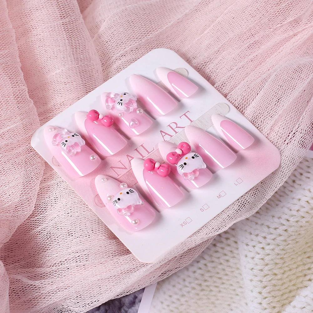 24Tips 3D Hello Kitty Press On Nail Tips Kawaii Cartoon Kitty Розовый бант Французский миндаль Накладные ногти для девочек DIY Украшение ногтей