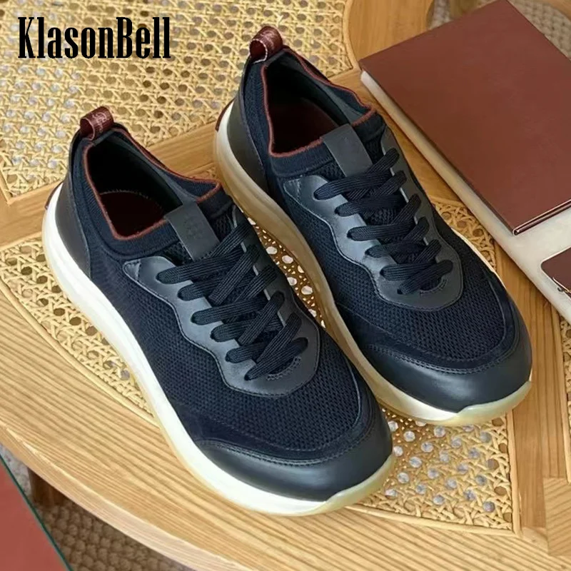 10.25 KlasonBell-Men Cow Leather Spliced Mesh Breathable Sports Shoes Lace-up Rubber Sole Casual Sneakers