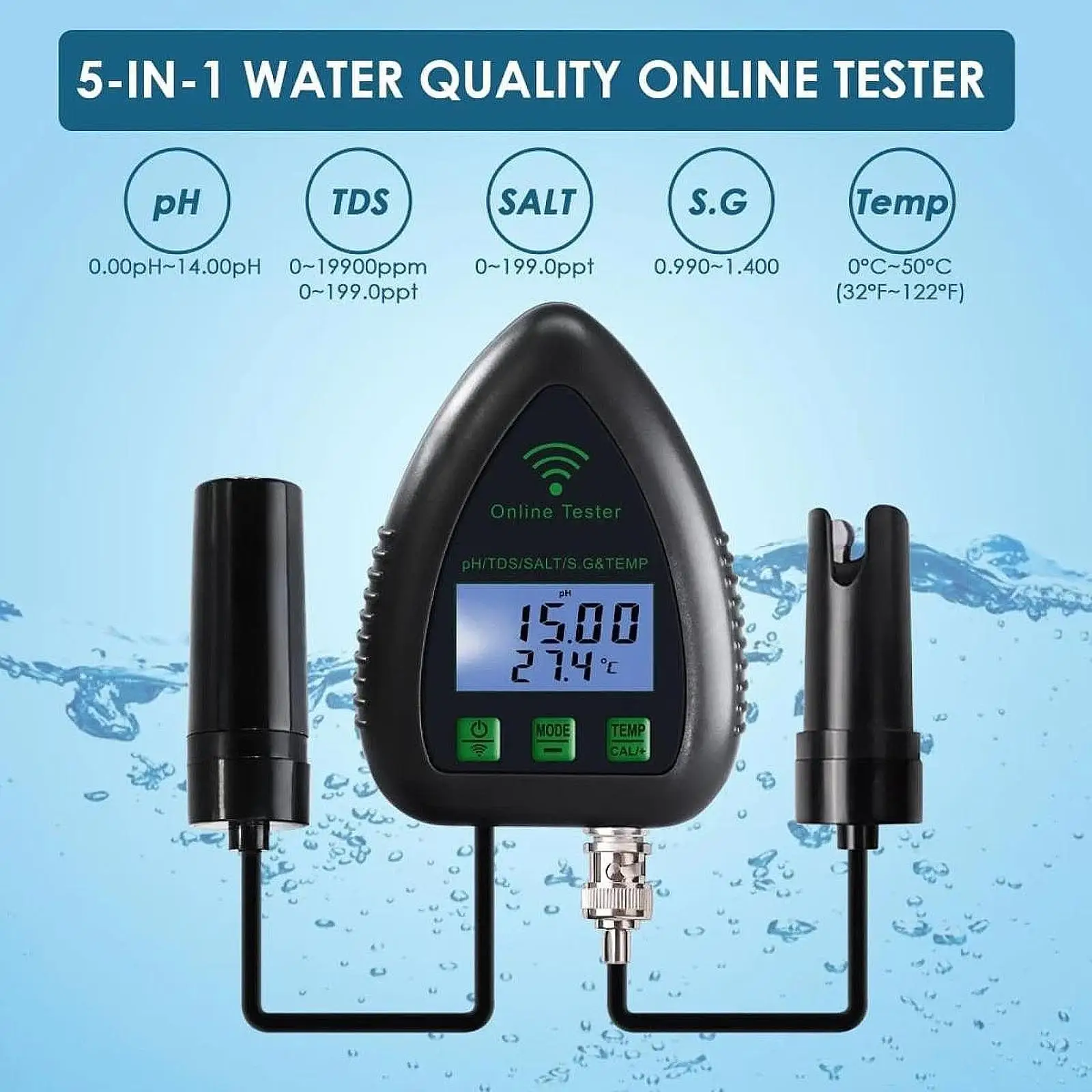 

Temperature Meter 5 in 1 Water Quality Tester Salinity Tester for Swimming Pools Hydroponics Labs Pond SPA Centers Aquariums