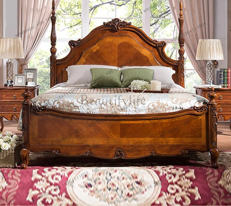 American rural retro Roman column European carved solid wood bed simple wedding bed