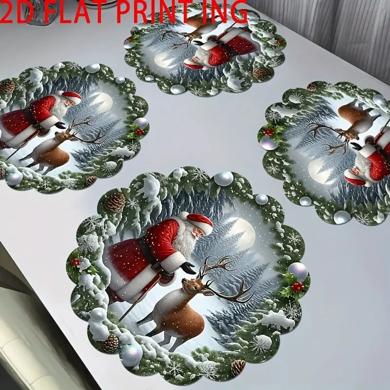 VIKAMA Santa Claus Reindeer Winter Forest Placemat Petal Edge Moon Pinecone Pearl Orb Xmas Table Mat Soft Durable Cozy Aesthetic