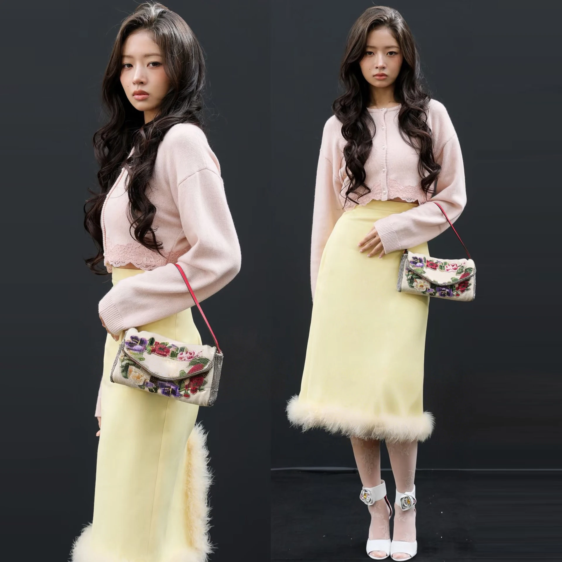 

Винтажное платье ручной работы с перьями страуса и соблазнительной юбкой из мягкого желтого шелка с кружевом, длинными рукавами и коротким воротником.