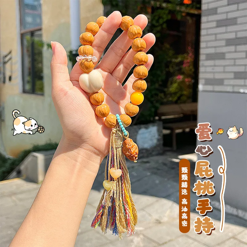 2026 Fine Carved Cornucopia Brushed Heart Glossy Peach Monkey Head Single Circle Wenwan Buddha Beads Bracelet Handheld Jewelry F