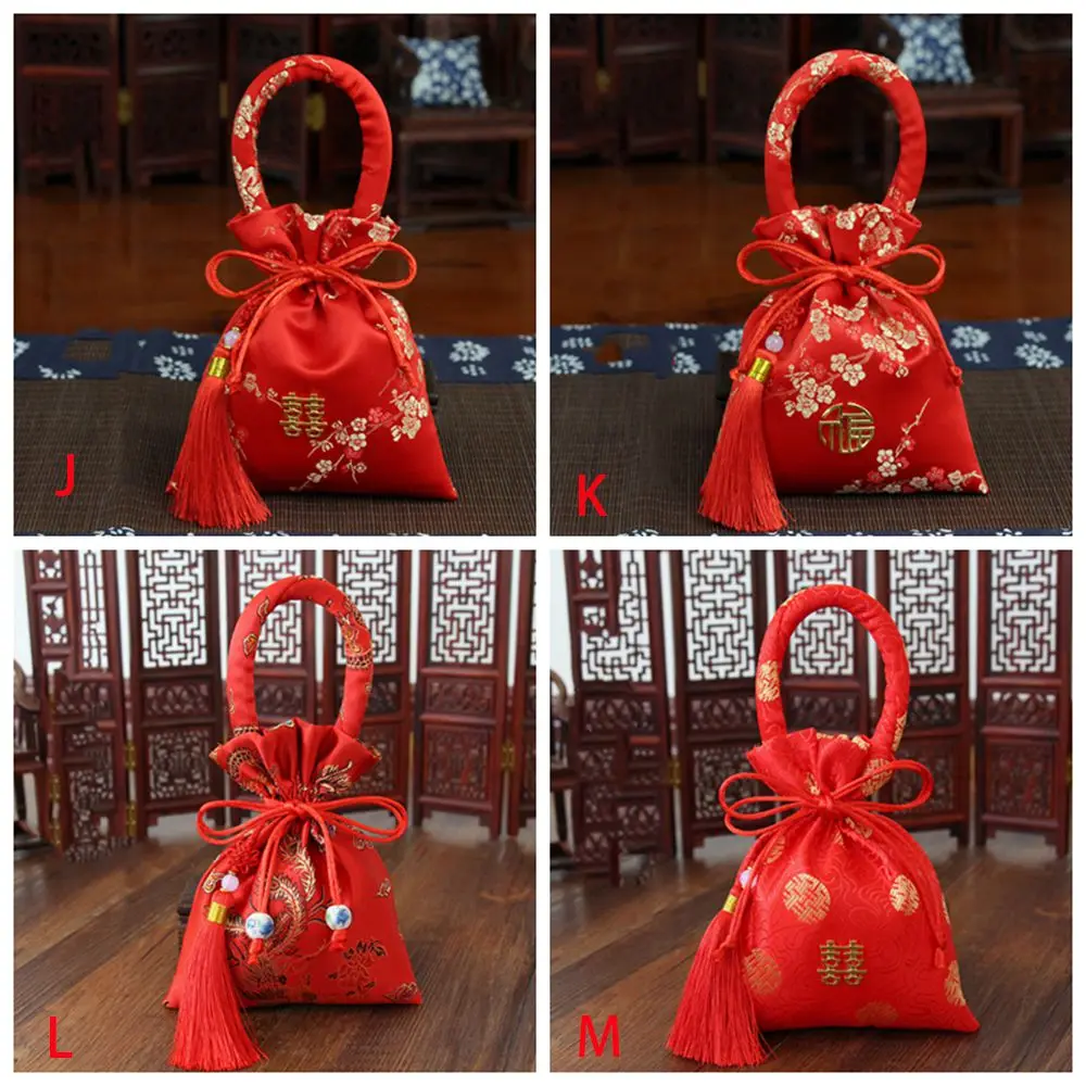 Bolso rojo creativo con borlas para novia y novio, bolsa con asa de boda, paquete de regalo para recuerdo de boda, bolsa de dulces