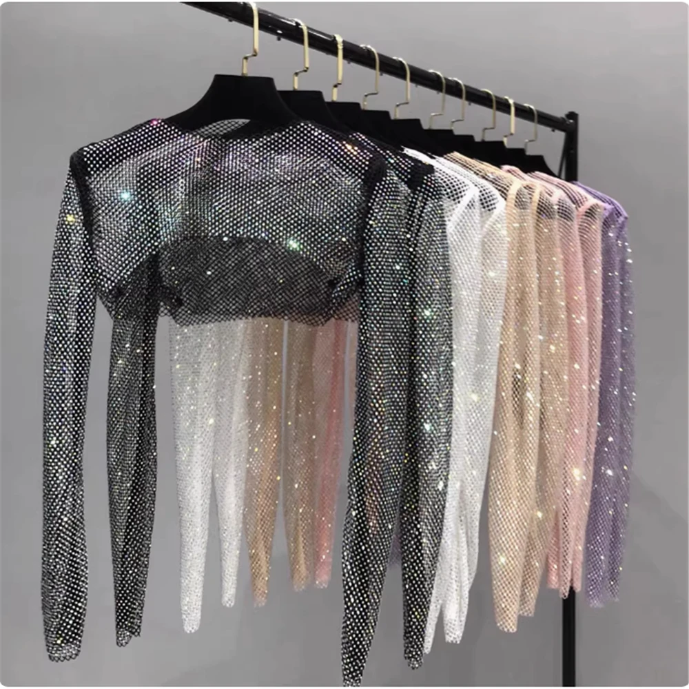Women's Colorful Diamond French Small Shoulder Mesh Diamond Sunscreen Shawl, Thin Design With Suspender Skirt, Outer Outfit
