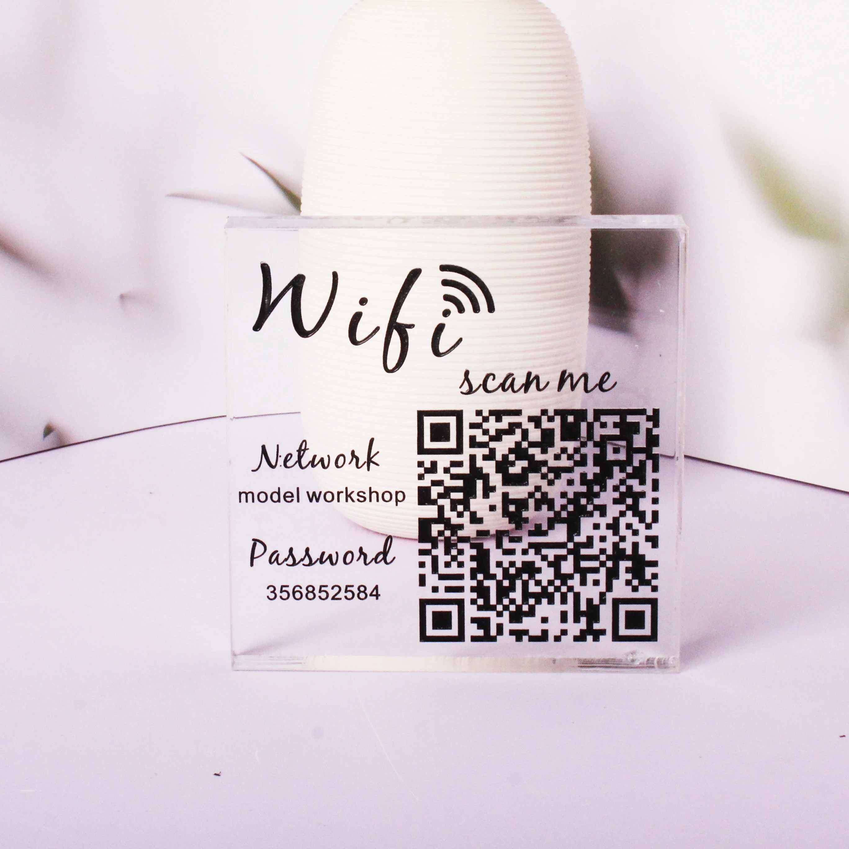 Custom Clear Acrylic QR Code Sign, WiFi Password Display or Social Media Link, Laser Engraved Modern Desk Decor