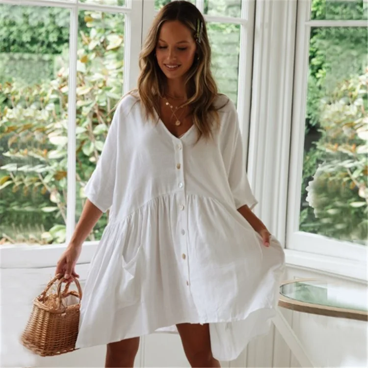 Women's Shirt Dress Short Sleeve V Neck Button Loose Bikini Cover Ups Solid Color Beach Sundress Vacation Summer 2024