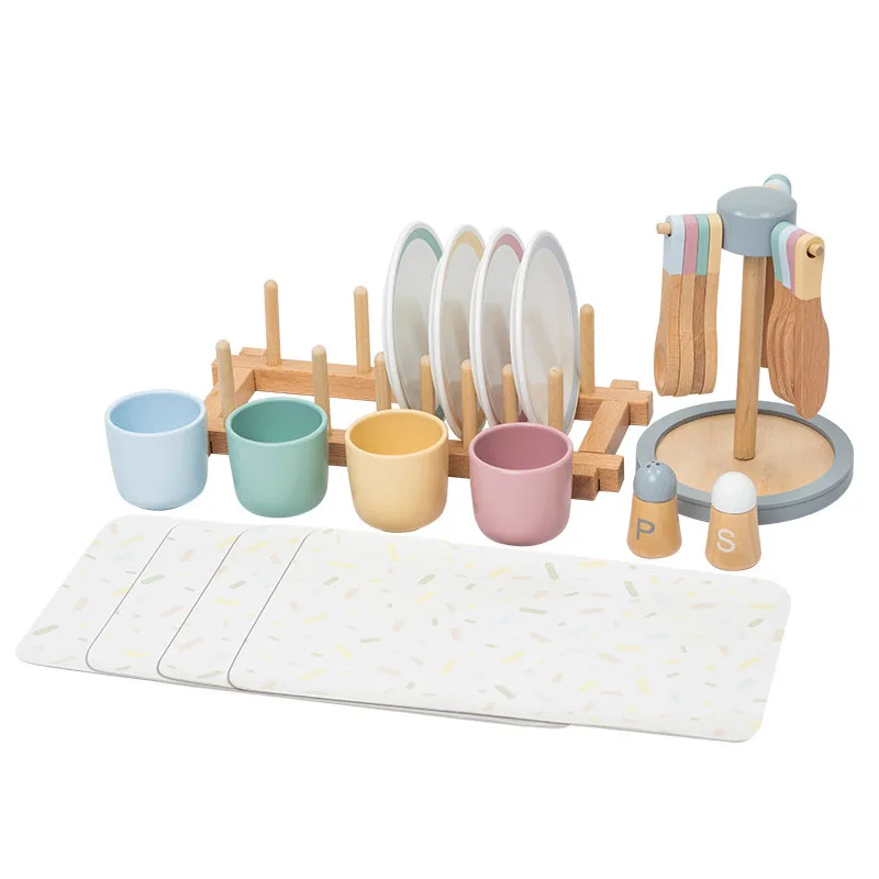 

Children Early Education Wooden Tablewear Simulation Restaurant Knife Fork Cup Dish Spoon Western Food Kitchenware Set Wood Toys