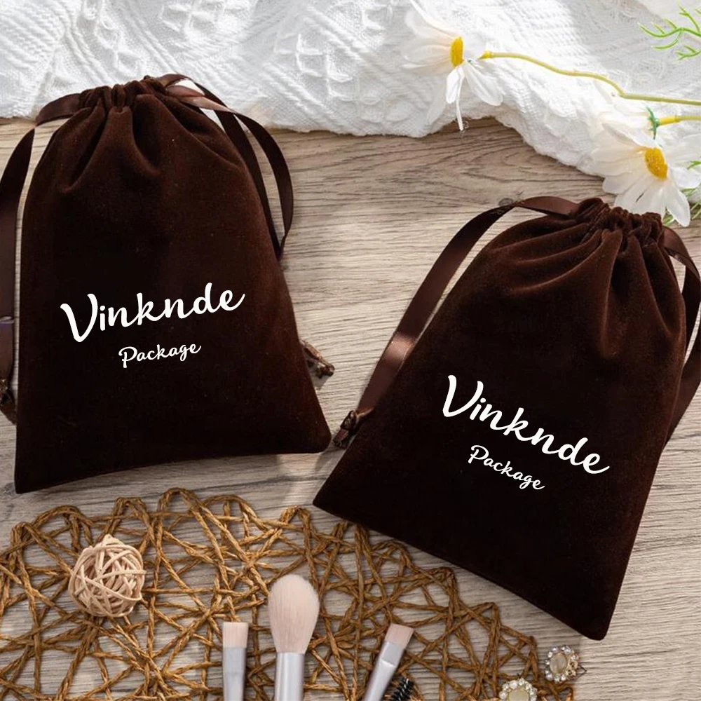 

Custom Logo Coffee Velvet Jewelry Bags Personalized Cosmetics Perfume Drawstring Packaging Pouch Pocket Small Gift Storage Sack