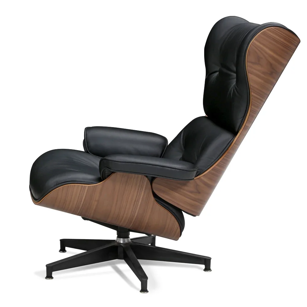 38 Inch Height Mid-century Modern Lounge chair With ottoman genuine leather Walnut Black Upgrade