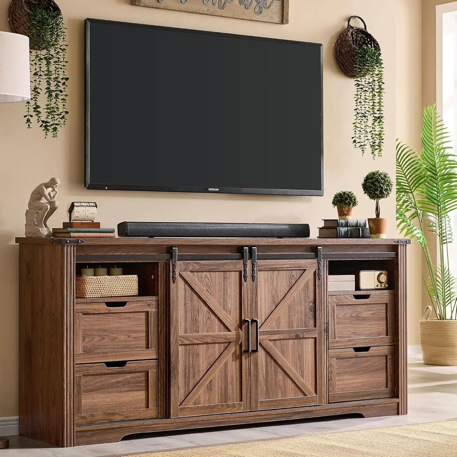 Farmhouse TV Stand for 75+ Inch TV, 32" Tall Entertainment Center w/4 Drawers & Sliding Barn Door, Rustic Media Console w/Storag