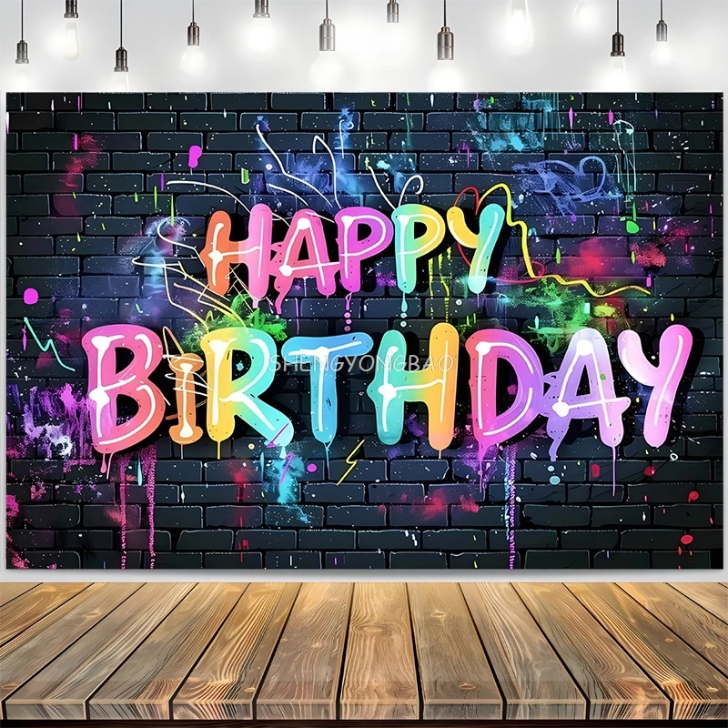 Happy Birthday Backdrop Neon Glow Party Brick Wall Splatter Graffiti Photography Background Banner Photo Shoot Decor Props RR-03