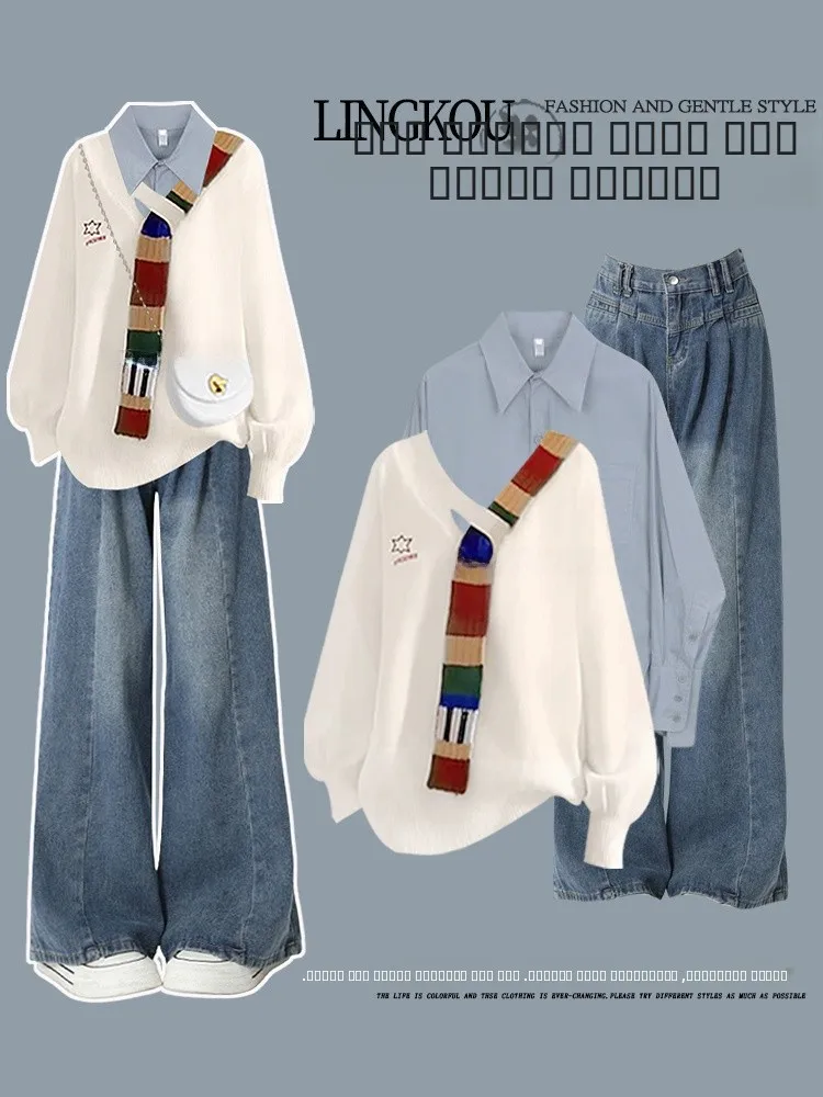 

Большие размеры, осенне-зимний корейский вязаный свитер и джинсы с высокой талией, утягивающий комплект из двух предметов для женщин, повседневная мода