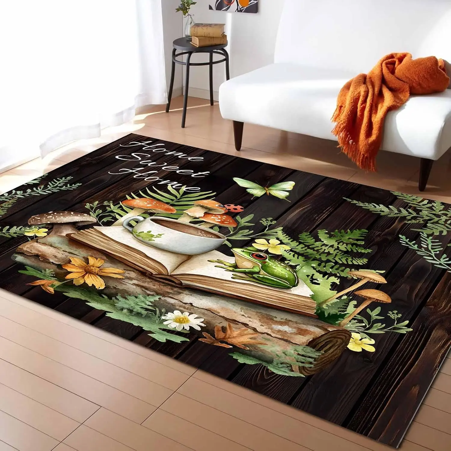 

Моющиеся коврики для пасторальных растений, домашняя милая лягушка, бабочка, кофейная книга, нескользящие коврики для гостиной, спальни, пол с низким ворсом