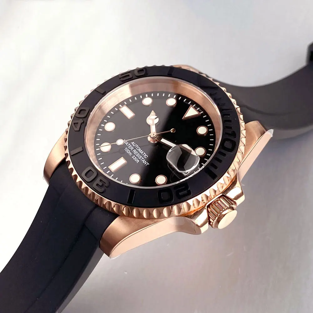 Jam Tangan Pria Mekanis Kustom NH35A Gerakan Otomatis Kaca Safir Sisipan Ceremic Tali Karet Gesper Baja Rose Gold