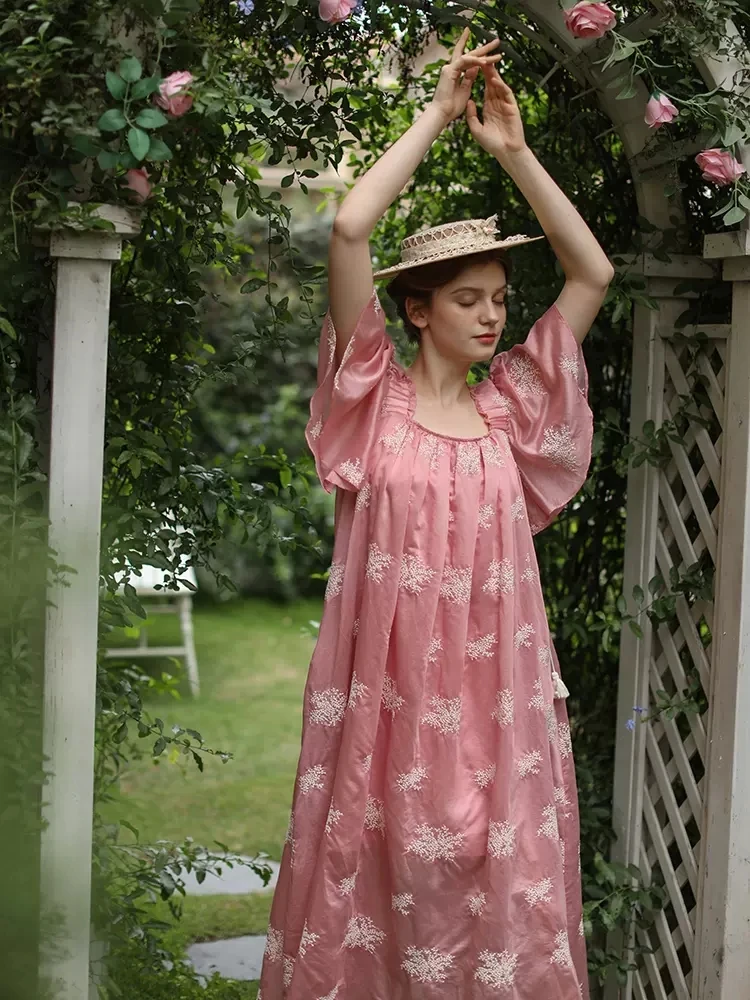 Vestido lyocell de algodão rosa bordado completo para mulheres, vestido império fino, totalmente bordado, estilo francês, verão, primavera, 86-96cm