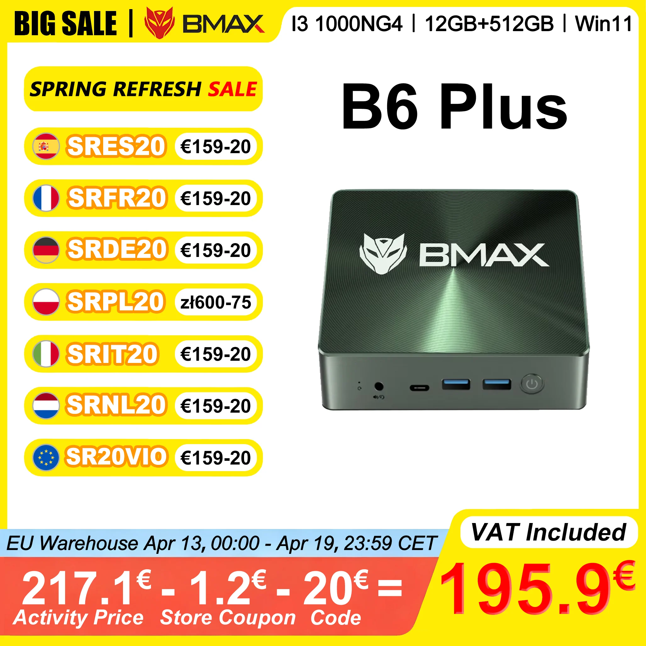 BMAX B6 Plus Mini-PC Intel I3 1000 NG4 12 GB RAM 512 GB SSD ROM Windows 11 WiFi USB HDMI Bluetooth 4.2