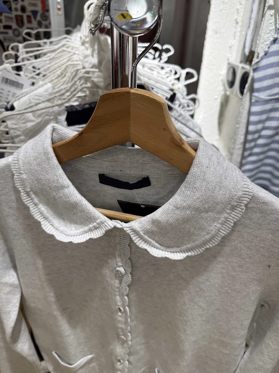 الدانتيل تقليم بيتر بان طوق البحرية سترة المرأة الخريف نمط Preppy الحلو واحدة الصدر طويلة الأكمام جيب ضئيلة محبوك سترة